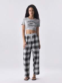 Loungeista Set Piyama Wanita 2 Potong Atasan Lengan Pendek Leher Bulat Bermotif + Celana Panjang Lurus Pinggang Elastis untuk Musim Panas - Grey - View 4