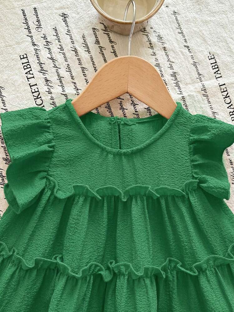 SHEIN 女婴可爱休闲宽松荷叶边短袖连衣裙 - 綠色 - 查看 6