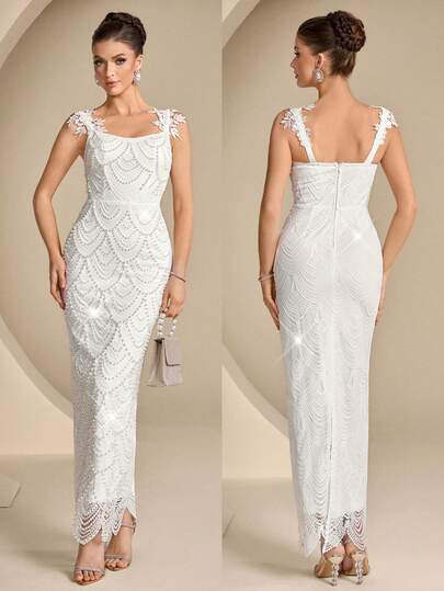Coutiva Elegant Spring/Summer Evening Gown Features Wide Shoulder Straps With Three-Dimensional Appliques Design, An All-Over Fan-Shaped Pearl Wavy Hem, And A Straight Silhouette. Suitable For Birthday Parties, Graduation Ceremonies, Back-To-School Parties, Music Festivals, Party Dresses, And Everyday Gatherings.