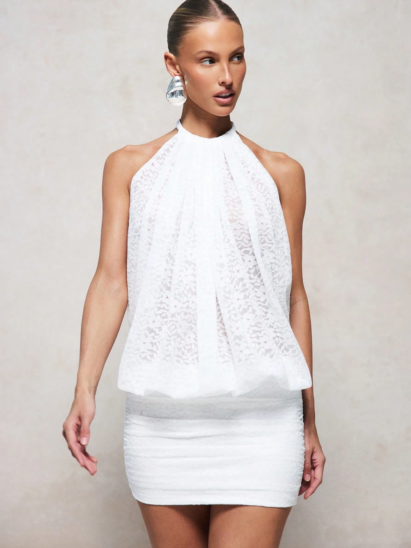Halter Lace Mini Dress With Dropped Waist