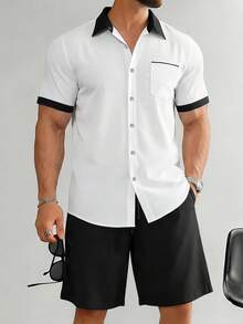 Manfinity CasualCool Men's Casual Short Sleeve Shirt Set - Black and White - View 1