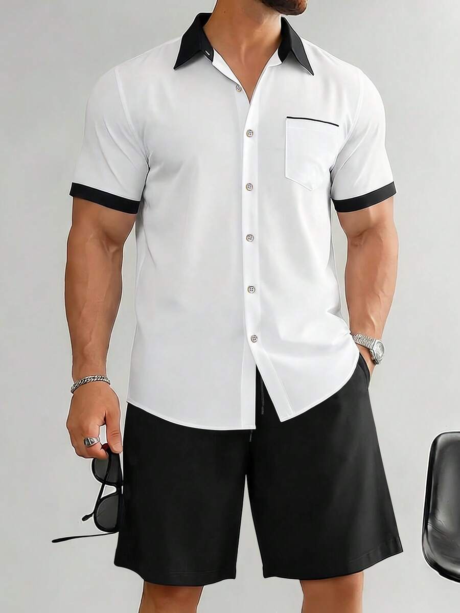Manfinity CasualCool Men's Casual Short Sleeve Shirt Set - Black and White - View 1