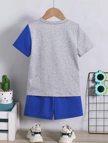 2pcs/Set Boys' Colorblock Dinosaur Print T-Shirt And Shorts Set, Children Casual Daily Wear Cartoon Top And Shorts Outfit - Royal Blue - View 2
