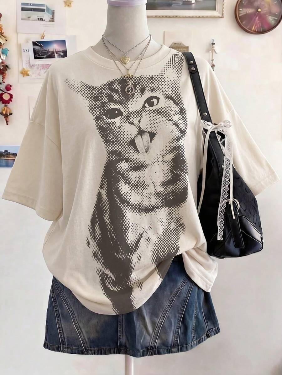 INAWLY 女士休闲可爱猫咪印花圆领短袖T恤,夏季 - 彩色 - 查看 1