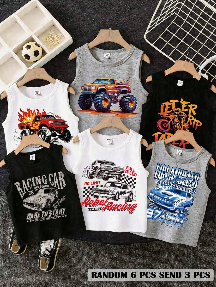 3 chiếc áo tank top không tay in hình đồ họa văn hóa đua xe cổ điển dành cho bé trai, thích hợp cho mùa hè, hộp áo tank top in họa tiết đua xe cổ điển (mua ngẫu nhiên). - Nhiều màu - Xem 1