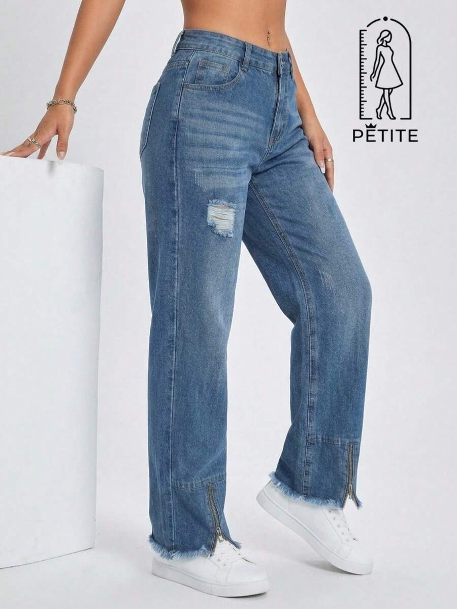 Jean mezclilla corte mom petite tiro alto recto desgaste ligero cierre inferior - Azul Cielo Deslavado - Ver 1