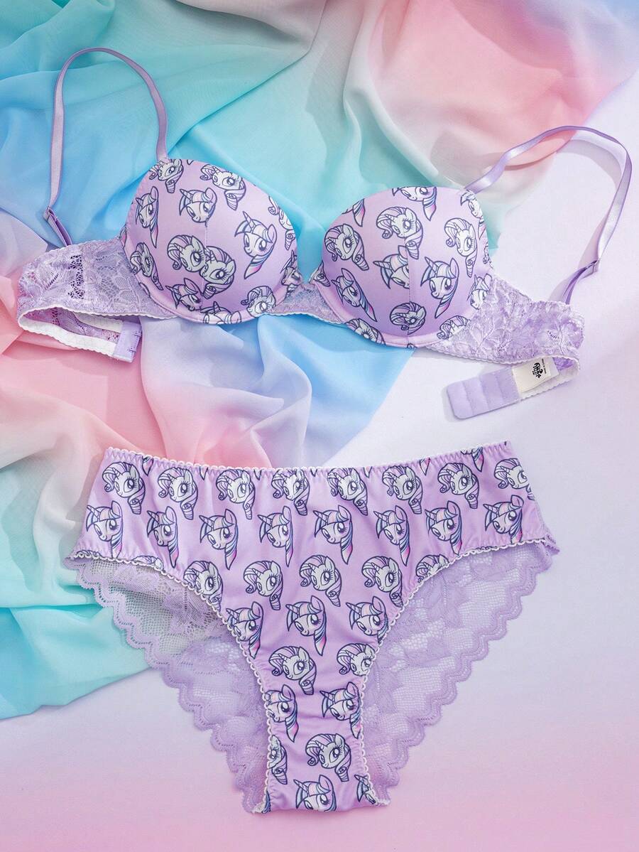 My Little Pony X SHEIN Bộ đồ lót nữ in hình hoạt hình, dây đeo điều chỉnh được, thích hợp mặc hàng ngày. - Màu tím hoa cà - Xem 1