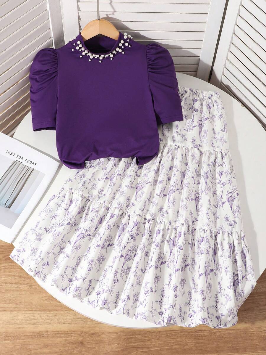SHEIN 少女珍珠裝飾泡泡袖T恤與花卉印花裙 2件套 - 紫色 - 查看 1