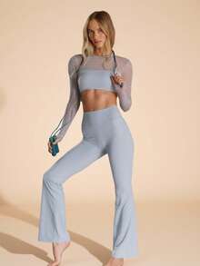 Aralina Conjunto de 2 piezas de ropa deportiva para mujer, con top de manga larga con malla de lunares y pantalón de pilates para gimnasio y entrenamiento - Neblina azul - Ver 1