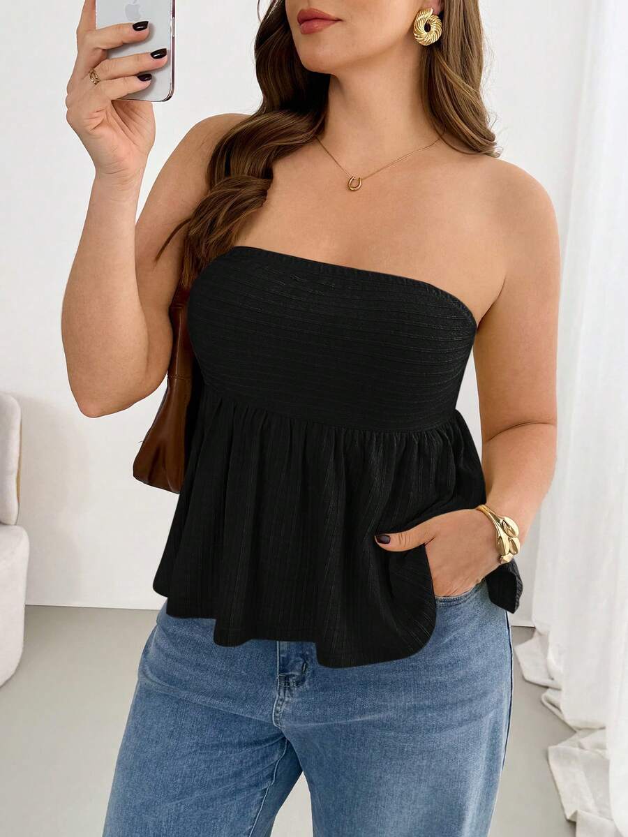 SHEIN Essnce 大码女装春夏时尚休闲弹力舒适日常百搭显瘦纹理面料浅黄色无肩带上衣,夏季服装,外出上衣,度假装扮,曲线可爱服装 - 黑色 - 查看 1