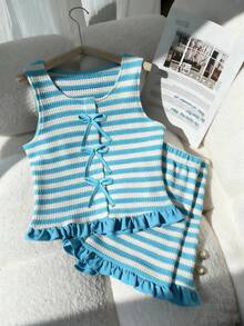 2pcs/Set Striped Bow Tie Sleeveless Crop Top,Ruffle Hem Shorts Set For Teenage Girls,Summer,Cute,Matching,Family Vacation,Sweet & Spicy Style Outfit - Multicolor - View 4