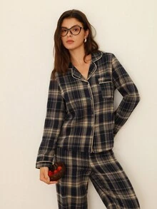 Doze Lane 女款棉質格紋休閒優雅可愛日系翻領長袖睡衣套裝，秋季舒適居家睡袍，海軍藍 - 藍色 - 查看 9