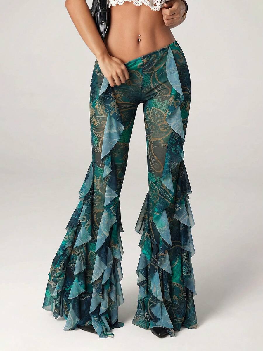 SHEIN ICON Women's Paisley Print Retro Flare Pants - Multicolor - View 1