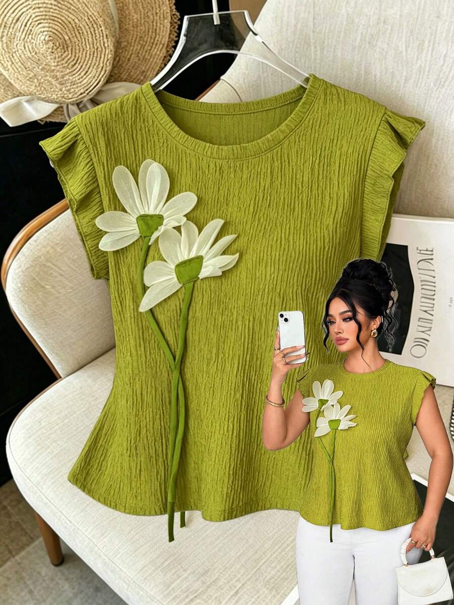 Elenzga Plus Size Women's Elegant And Fashionable Top, Suitable For Work, Casual And Holiday Wear. Made Of Rich Textured Stretchy Knit Fabric, Decorated With Wavy Pattern. Round Neck Design With Contrast Floral Ruffle Trim. Fitted Short Sleeve. Green. Spring/Summer. - Green - View 1