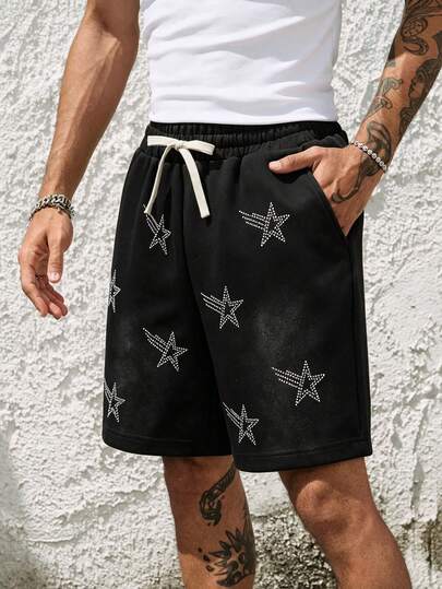 ROMWE MEN Men's Street Style Rhinestone Decor Slant Pocket Drawstring Waist Casual Shorts