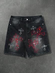 Manfinity EMRG Quần short denim đen mài bóng dành cho nam, thiết kế hình thánh giá Gothic đính đá, phong cách đường phố. - màu đen - Xem 6