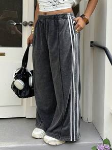 Muchica Plus Size Casual Sports Patchwork Striped Elastic Waist Sweatpants - Dark Grey - View 4