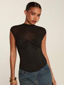 SHEIN BAE Áo croptop lưới xuyên thấu gợi cảm dành cho nữ, thanh lịch cho câu lạc bộ, hẹn hò, tiệc sinh nhật, mùa xuân/hè. - màu đen - Xem 6