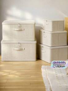Foldable Storage Bin With Lid,Cloth Box For Clothes Toys Home Organization Cotton Linen Organizer For Bedroom Closet Living Room Storage Bins Space Saving Collapsible Storage Containers With Handles Decorative Storage Boxes Multi Purpose Organizer For Shelf Wardrobe - Beige - View 1