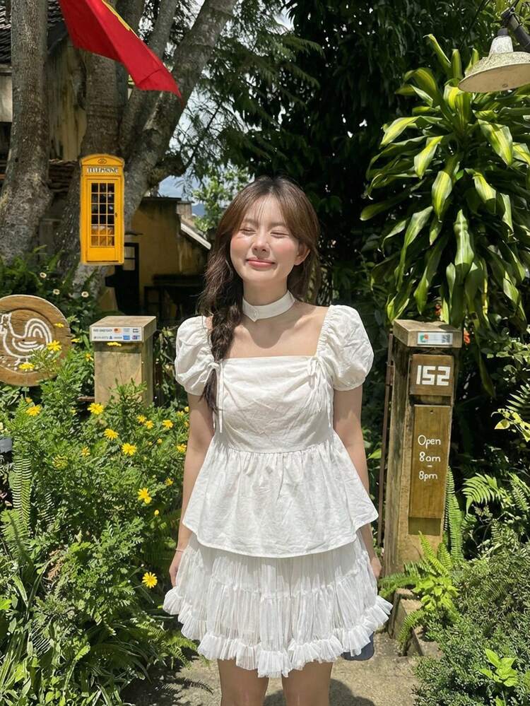 Women's Tie-Up Solid Color Casual Short Sleeve Shirt, Fresh Korean Style