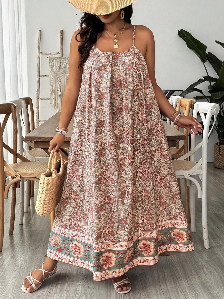 SHEIN VCAY Plus Size Women Allover Print Casual Party Slip Dress - Multicolor - View 1