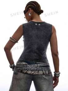 LYSMO Plus Size Casual Minimalist Y2K Style Washed Sleeveless Top - Dark Grey - View 2