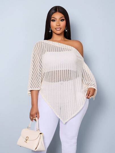 SOLERSUN This Plus-Size Women's Loose-Fitting, Stylish Solid-Color Batwing Short-Sleeved Blouse Is Both Casual And Elegant, Featuring A Hollow-Out Knit Design. The Solid Color Provides Comfort, While The Asymmetrical Neckline, Slanted Collar, Short Sleeves, And Asymmetrical Hem Add A Unique Charm. As A New Spring/Summer Item, This Versatile Top Is Suitable For Everyday Wear, Commuting, Outings, And Even A Tranquil, Luxurious Holiday.