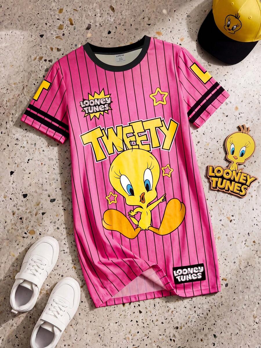 LOONEY TUNES X SHEIN GraphicGems 少女竖条纹撞色圆领设计,夏季前后卡通印花连衣裙 - 玫紅色 - 查看 1