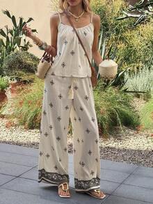 Breezaya Ensemble décontracté et élégant de 2 pièces à imprimé floral bohème pour femmes, débardeur à bretelles fines et pantalon large en mélange de lin pour les vacances, débardeur à bretelles fines et pantalon large 2 pièces pour la maison et les loisirs, ensemble Top débardeur à imprimé floral et pantalon large en mélange de lin pour le quotidien et le brunch, ensemble bohème Y2K de 2 pièces à imprimé floral, tenue d'été blanche pour les vacances - Nude - Voir 4