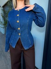 Jeta Ari Áo khoác denim thắt eo kim loại đơn hàng khuy đơn thời trang đường phố dành cho nữ - Rửa tối - Xem 3