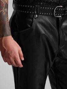 Zorclune Men's Loose Straight Casual Solid Color Leather Pants - Black - View 6