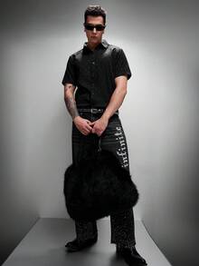 Zorclune 男士休闲翻领单排扣短袖衬衫，通勤和外出皆宜；男士水钻衬衫；男士闪亮衬衫；男士短袖衬衫；男士哥特衬衫；男士休闲黑色衬衫 - 黑色 - 查看 3