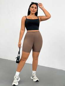 SHEIN Essnce Quần short nữ cỡ lớn thời trang xuân/hè, chất liệu co giãn, thoải mái, đa năng, màu đen, nâu và họa tiết da báo, kiểu dáng quần short đi xe đạp, phong cách đường phố, quần short mùa hè, trang phục đi chơi, quần short ôm dáng, quần short đạp xe. - Nhiều màu - Xem 7
