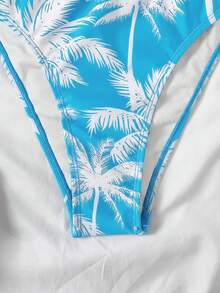 SHEIN Teen Girls Black & Colorblock Palm Tree Pattern Modest Bikini Set, Short Sleeve Top And Bottoms, Suitable For Vacation, Beach, Swimming - Blue - View 6