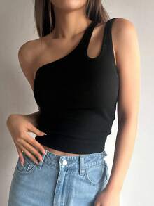 DAZY Women's One Shoulder Hollow Out Slim Fit Top Summer,Crop Tops Women Going Out Tops - Black - View 3