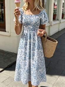 Selianne Vintage Blue Floral Print Off The Shoulder Midi Dress,Puff Short Sleeve Elastic High Waist Flowy A Line Swing Dress Women Summer Beach Vacation Outfit - Baby Blue - View 4