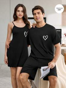 CoupledUp Bộ đồ ngủ nam tối giản cổ tròn in hình trái tim - màu đen - Xem 7