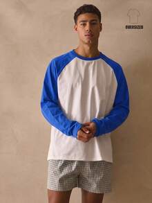 Musero Crew Neck Oversized Long Sleeve Dropped Top Shoulder Contrast Sleeves Tshirt Spring Summer Essentials - Blue - View 1