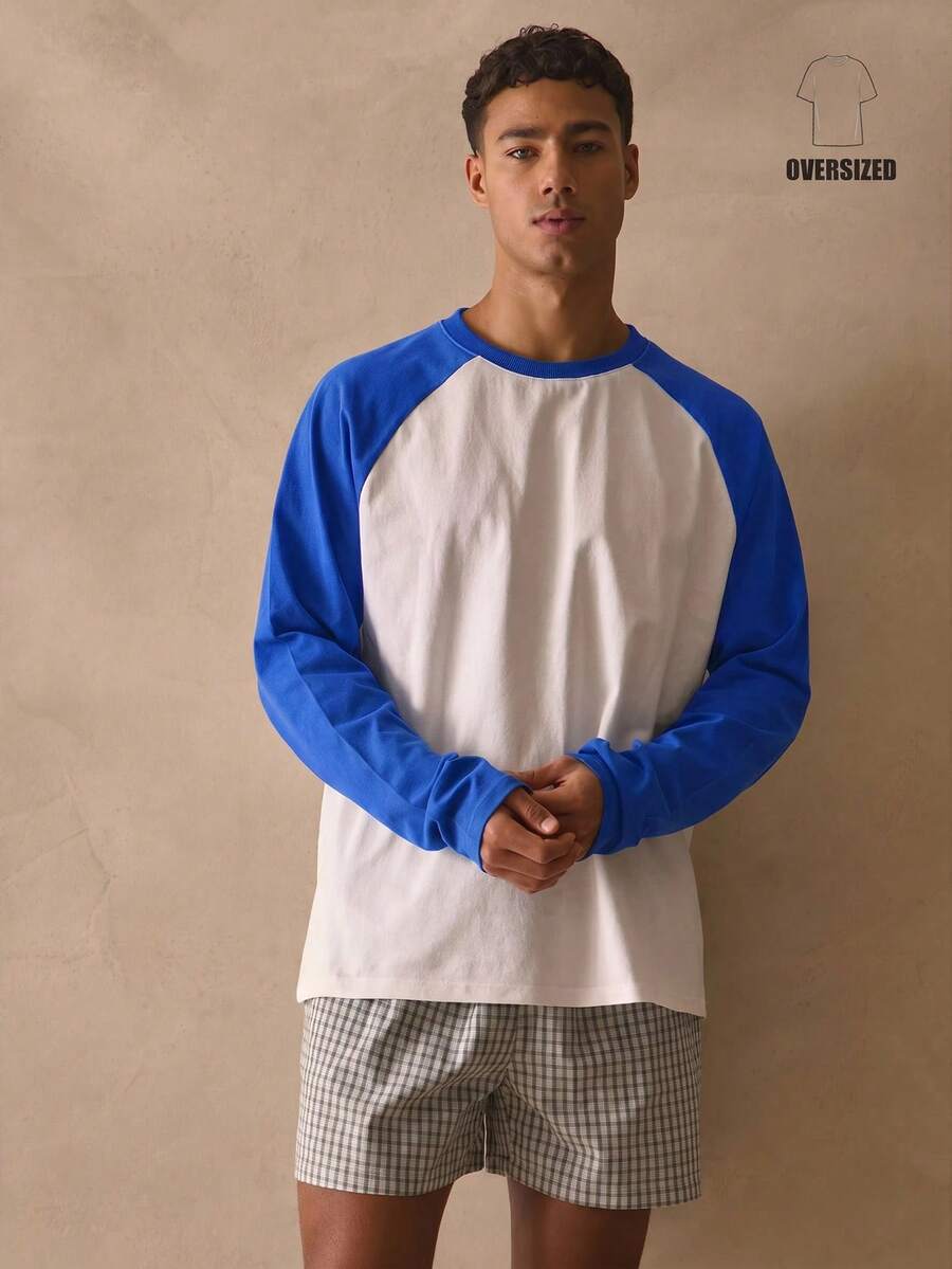 Musero Crew Neck Oversized Long Sleeve Dropped Top Shoulder Contrast Sleeves Tshirt Spring Summer Essentials - Blue - View 1