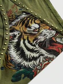ROMWE Grunge Punk Y2K复古铆钉虎头艺伎印花水钻性感深V领吊带背心 - 軍綠色 - 查看 4