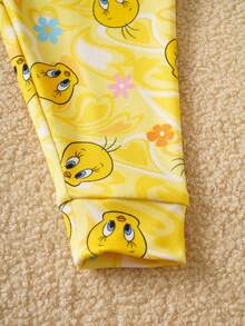LOONEY TUNES X SHEIN Bộ đồ mặc nhà cho bé gái gồm áo thun ngắn tay cổ tròn và quần legging. - Màu vàng - Xem 5