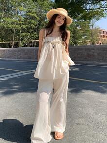 DAZY Bộ đồ nữ kiểu Hàn Quốc gồm áo dài tay và quần dài, bộ đồ mặc nhà mùa hè cho nữ, bộ đồ ngắn cho nữ. - trắng - Xem 10