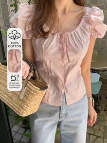 DAZY Women/Girls' Korean Style Tie-Up Short Sleeve Blouse, Spring/Summer Petite - Pink - View 1