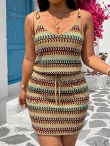 SHEIN VCAY Plus Size Women Vacation Striped Waist Tie Casual Slip Dress - Multicolor - View 4