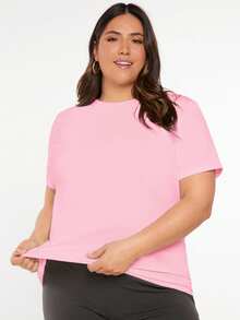 SHEIN BASICS Áo thun nữ cỡ lớn, màu trơn, cổ tròn, tay ngắn, kiểu dáng thường ngày, đa năng. - Màu Hồng baby - Xem 1