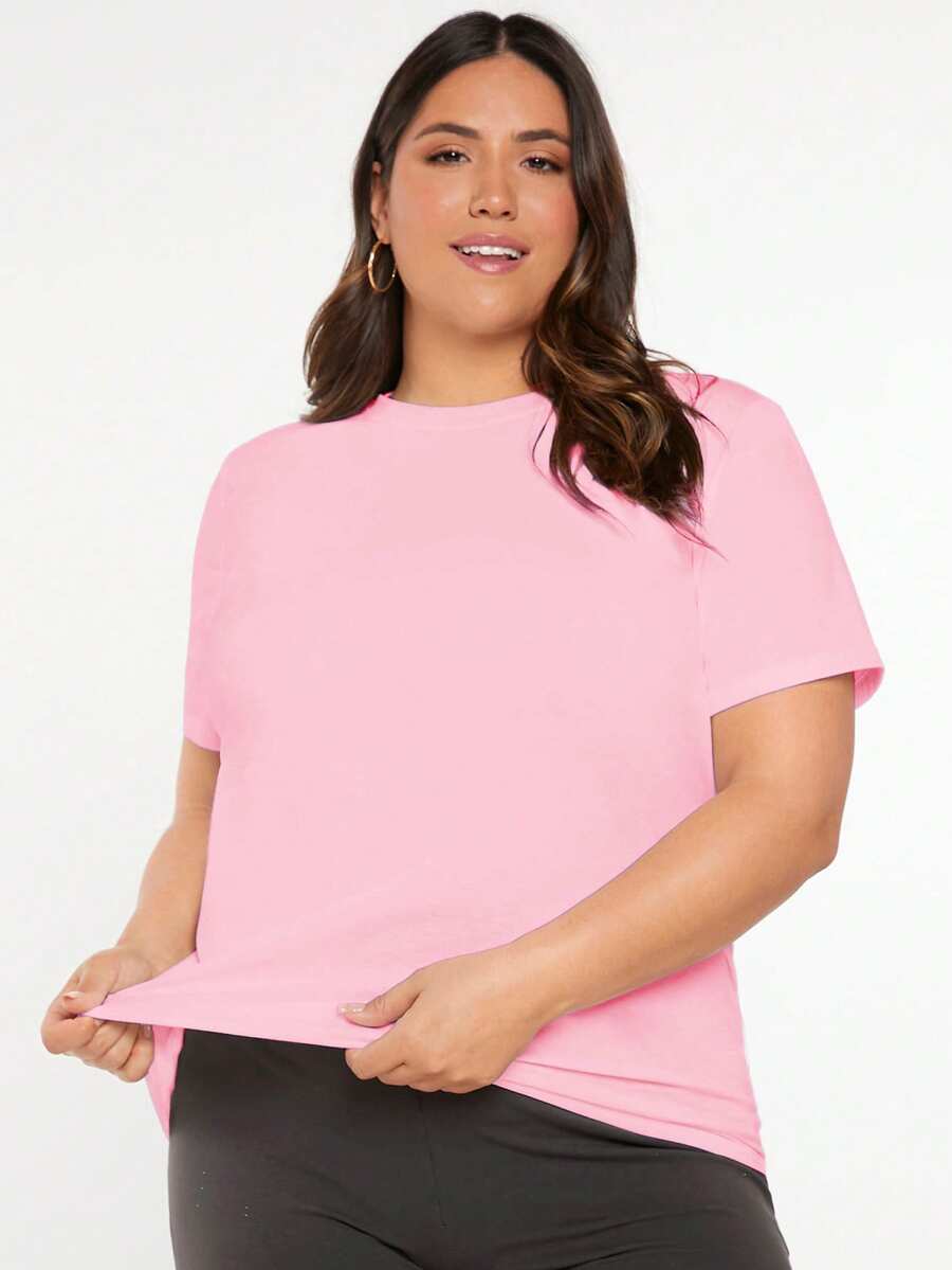 SHEIN BASICS Áo thun nữ cỡ lớn, màu trơn, cổ tròn, tay ngắn, kiểu dáng thường ngày, đa năng. - Màu Hồng baby - Xem 1