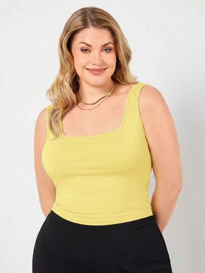 SHEIN BASICS Áo camisole mùa hè màu trơn đa năng cổ vuông ôm dáng cỡ lớn