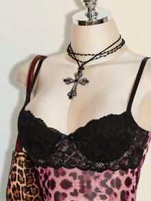 SHEIN ICON Y2k 夏季女款 6月派對 婚禮賓客 海灘 畢業 出遊 粉色 性感 哥德風 夜店 對比蕾絲 豹紋 吊帶迷你洋裝 - 粉色 - 查看 12