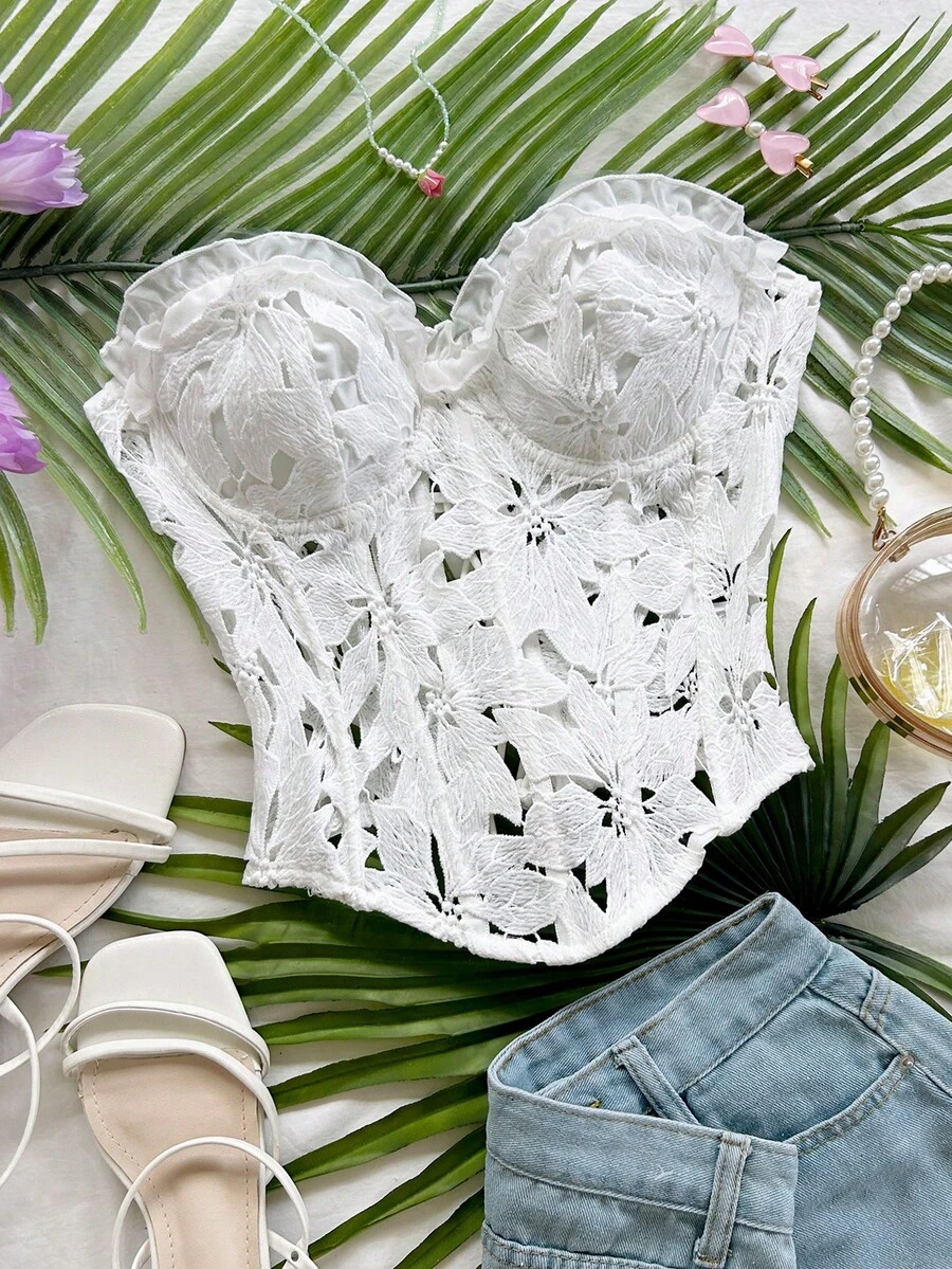 Soleia 女款春夏浪漫度假風雛菊刺繡紋理印花3D花卉裝飾抹胸上衣,適合休閒約會、情人節、下午茶、海灘、郵輪度假、公路旅行、城市度假、音樂節派對,波希米亞嬉皮西式日常通勤 - 白色 - 查看 1