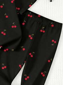Baby Girl Cute Black And Red Cherry Letter Pattern T-Shirt & Leggings Set,Autumn Family Matching Casual Round Neck Long Sleeve Outfit For Vacation - White - View 5